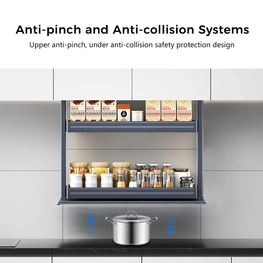 Electric lift spice rack with anti-pinch and anti-collision protection