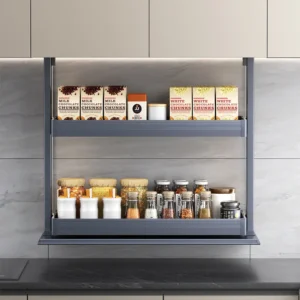 Electric lift spice rack installed in a modern kitchen wall cabinet