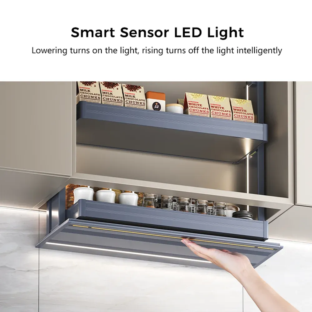 Electric kitchen lift basket with smart sensor LED lighting