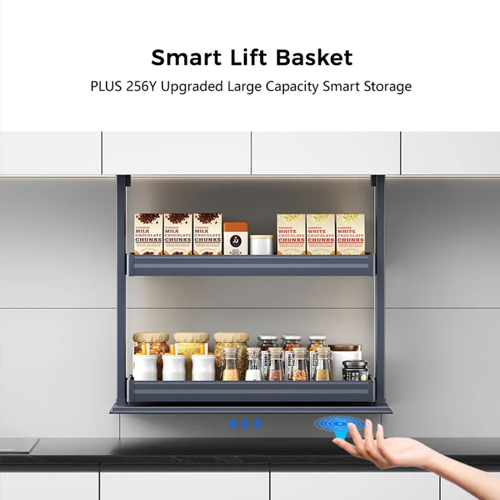 Touch-controlled electric vertical lift spice rack for kitchen cabinets