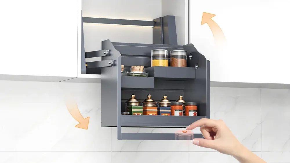 Electric pull down spice rack with touch control and stop-at-any-position operation