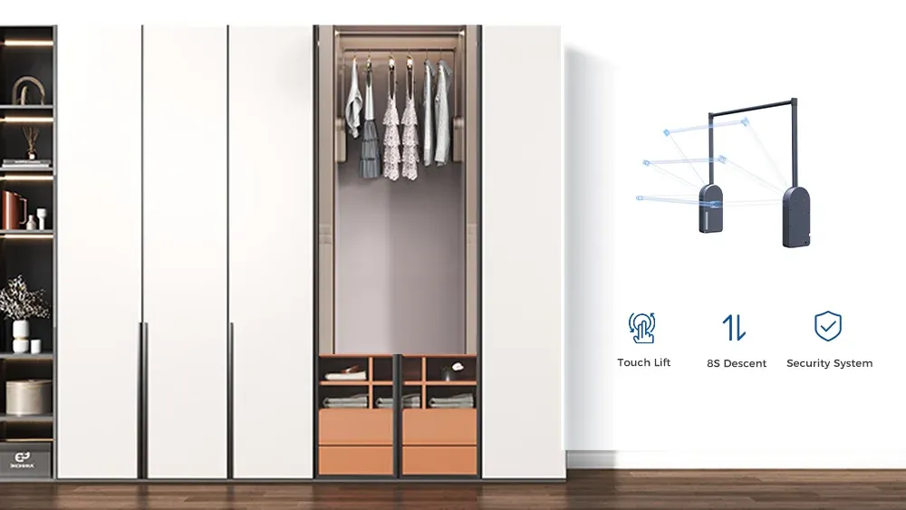 Touch controlled electric wardrobe lift with stop anywhere function