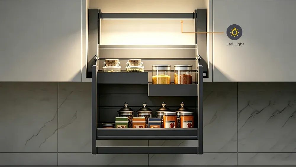 Pull down kitchen spice rack with automatic 4000K LED lighting