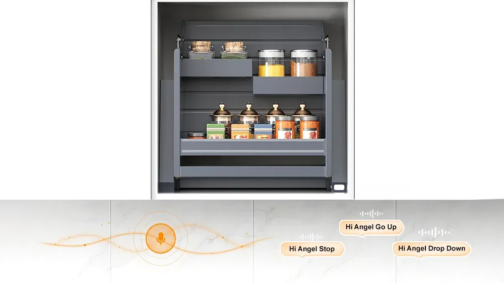 Smart pull down spice rack with optional voice control