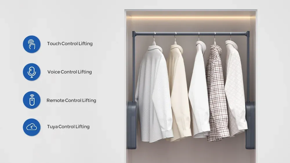 Electric closet rod with touch voice remote and app control