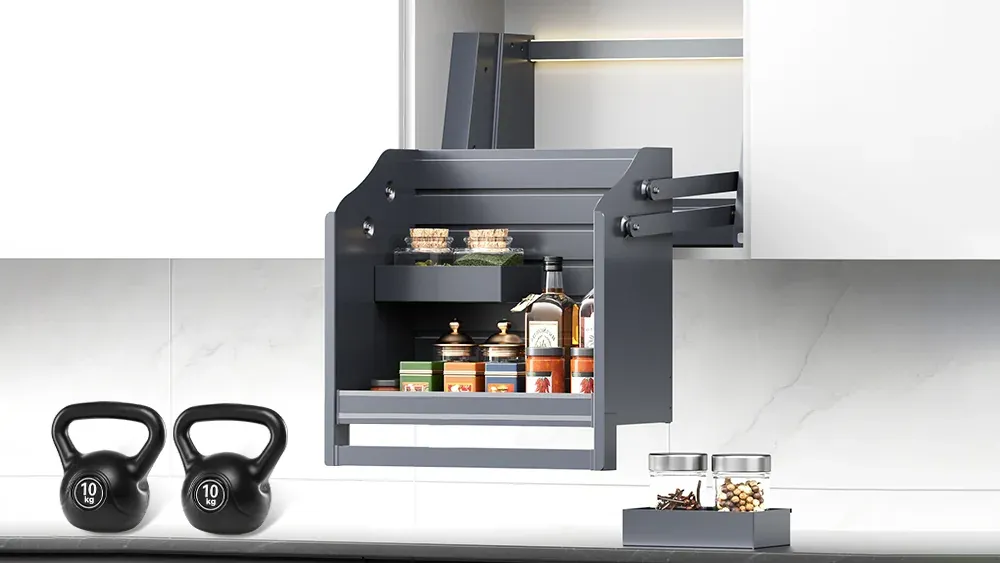 Motorized pull down spice rack with up to 20 kg load capacity
