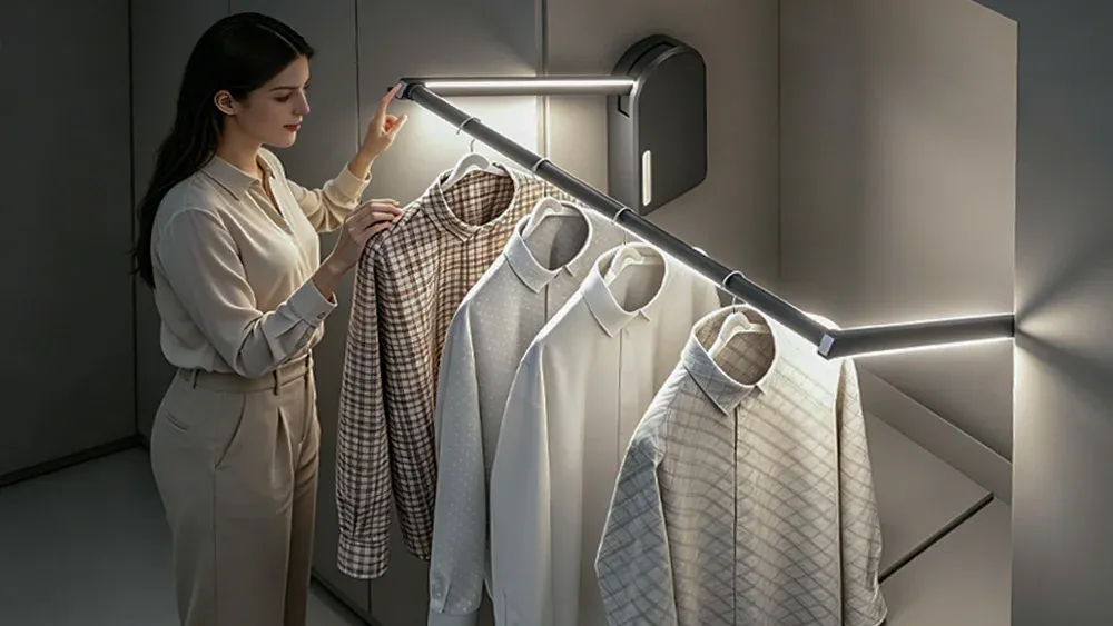 Electric wardrobe lift with automatic LED lighting