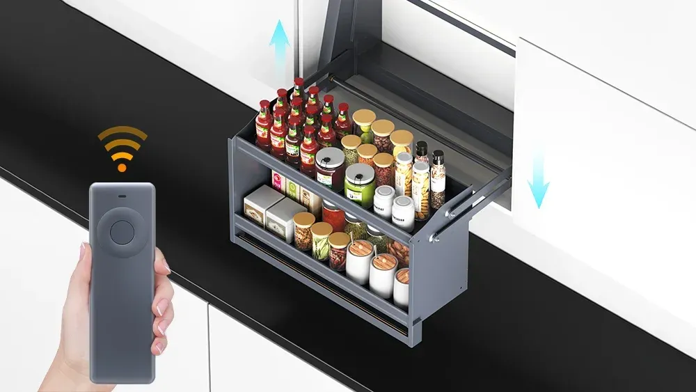Optional voice and remote control drop-down cabinet system