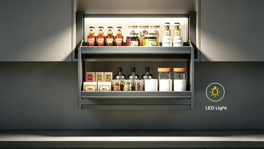 LED lighting drop-down kitchen cabinet organizer