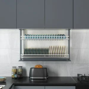 Electric vertical lift dish rack installed in a modern kitchen cabinet