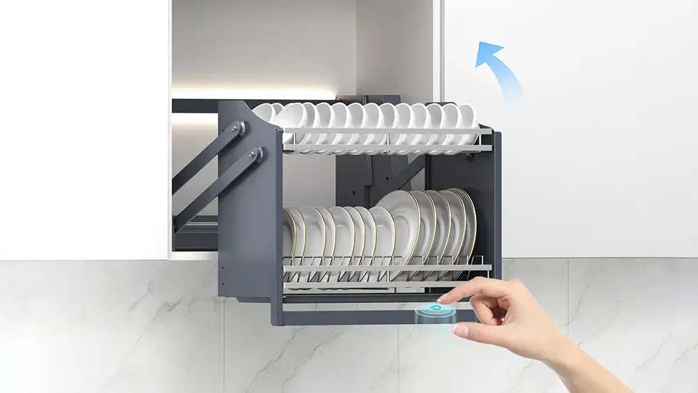 Electric lifting basket structure for kitchen cabinet storage