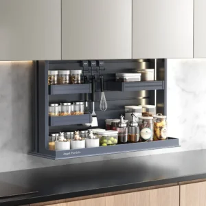 Lo scaffale da cucina intelligente M256 combina il sollevamento elettrico verticale con ripiani flessibili e regolabili per uno stoccaggio organizzato nel mobile superiore. È dotato di controllo touch con funzionamento di arresto in qualsiasi posizione, controllo vocale opzionale, luci laterali automatiche a LED, una luce di fondo manuale, posizioni dei ripiani mobili, e un sistema di sicurezza antipizzicamento e anticollisione.