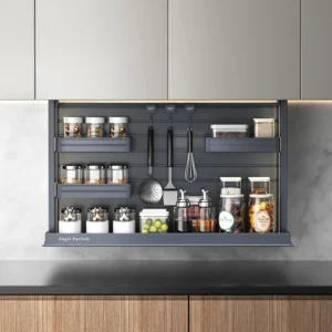 The M256 smart kitchen lift rack combines vertical electric lifting with flexible adjustable shelves for organized upper-cabinet storage. It features touch control with stop-at-any-position operation, optional voice control, automatic side LED lights, a manual bottom light, movable shelf positions, and an anti-pinch and anti-collision safety system.