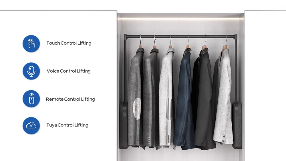 Electric wardrobe lift with voice remote and app control