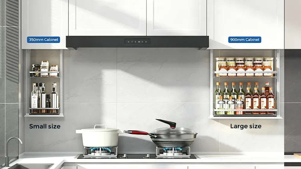 Custom size automatic lift spice rack solution