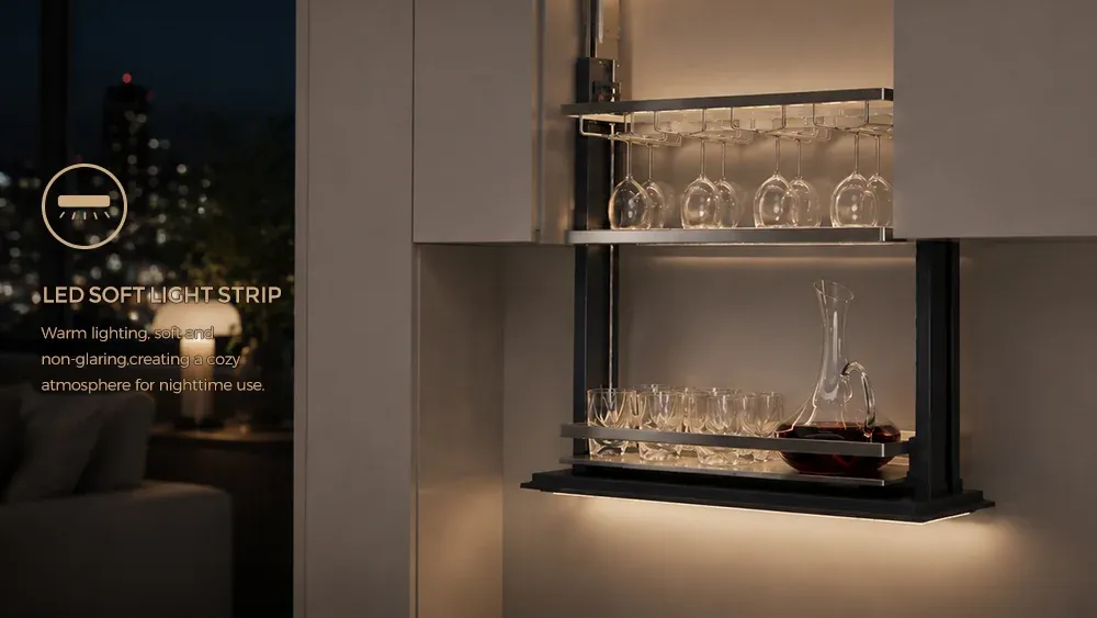 4000K LED lighting for electric lift wine glass storage rack
