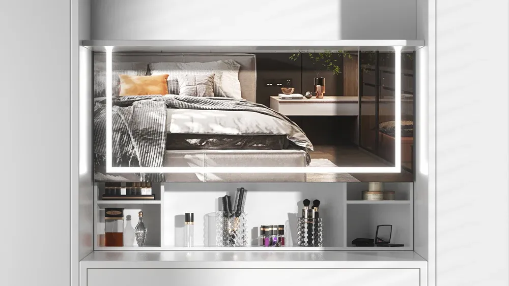 Hidden cabinet mirror lifting design