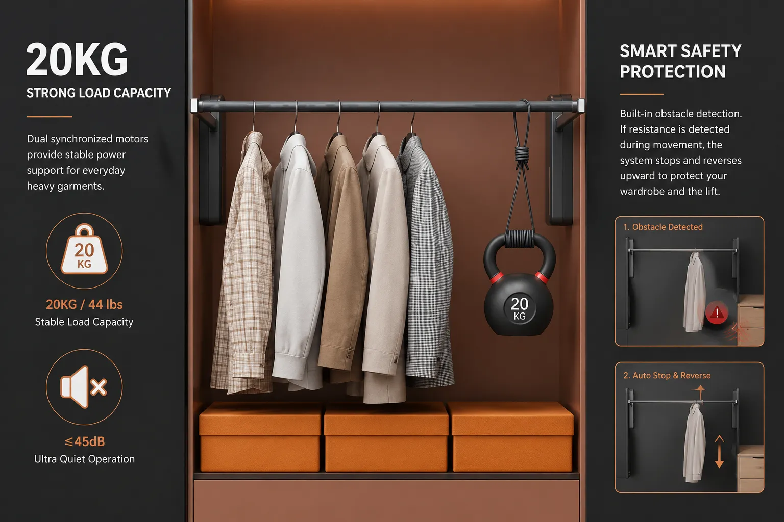 Electric wardrobe lift 20kg load and anti-collision protection