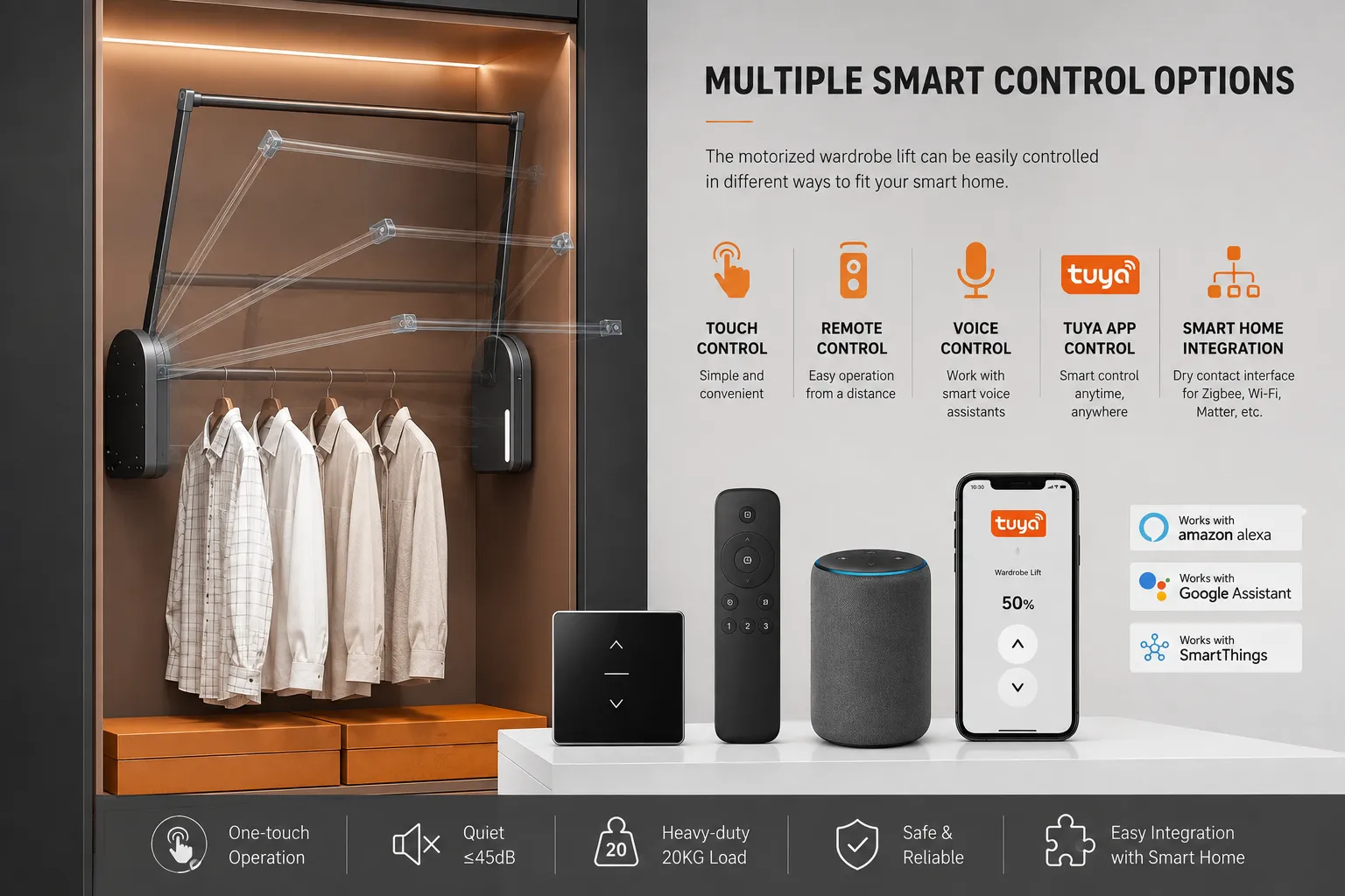 Motorized wardrobe lift touch remote voice and Tuya control