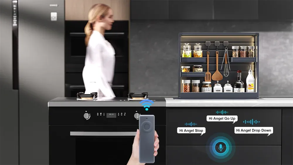 Optional voice and remote control kitchen island lift storage system