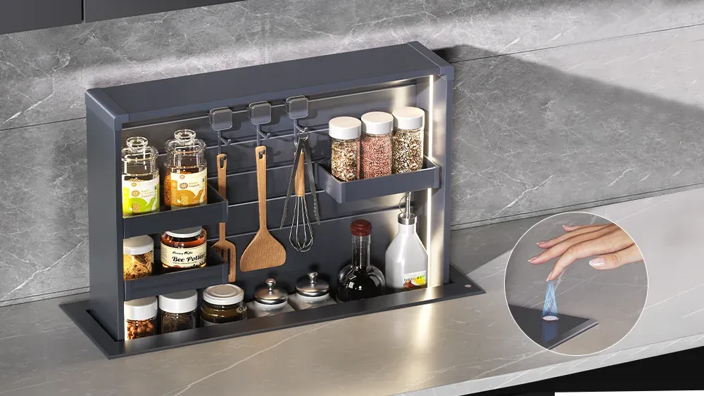 One touch electric lifting hidden countertop storage system