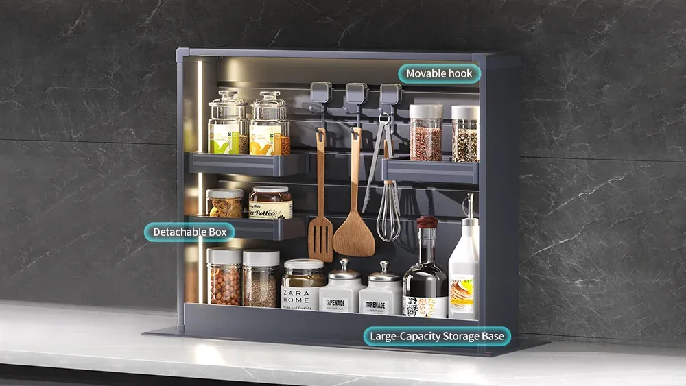 Adjustable storage box positions for kitchen island organizer