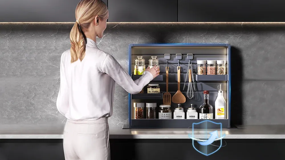 Safe stable electric kitchen island lifting storage mechanism