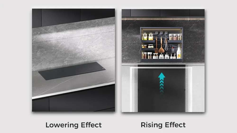 Hidden base cabinet storage system for clean kitchen countertop