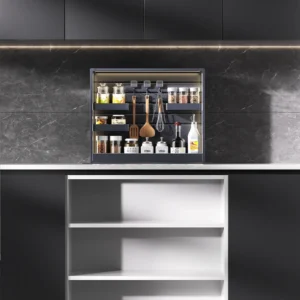Kitchen island lift storage system with hidden countertop storage
