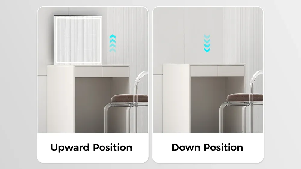 Raised and hidden states of electric vanity mirror lift system