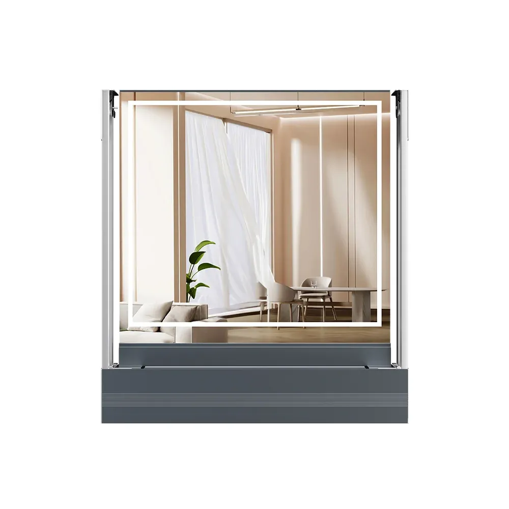 Hidden mirror lift retracted for clean flat desktop