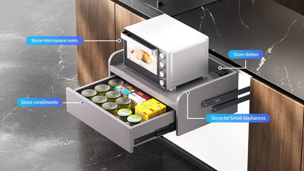 Lifting Systems for Base Cabinets with appliance platform and storage drawer