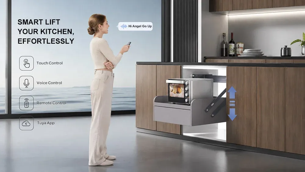 Kitchen appliance lift with optional remote and voice control