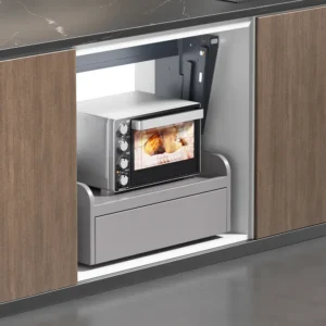 Motorized coffee machine lift system for lower kitchen cabinet