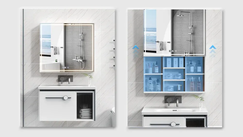 Smart bathroom mirror cabinet with multi-layer divided storage