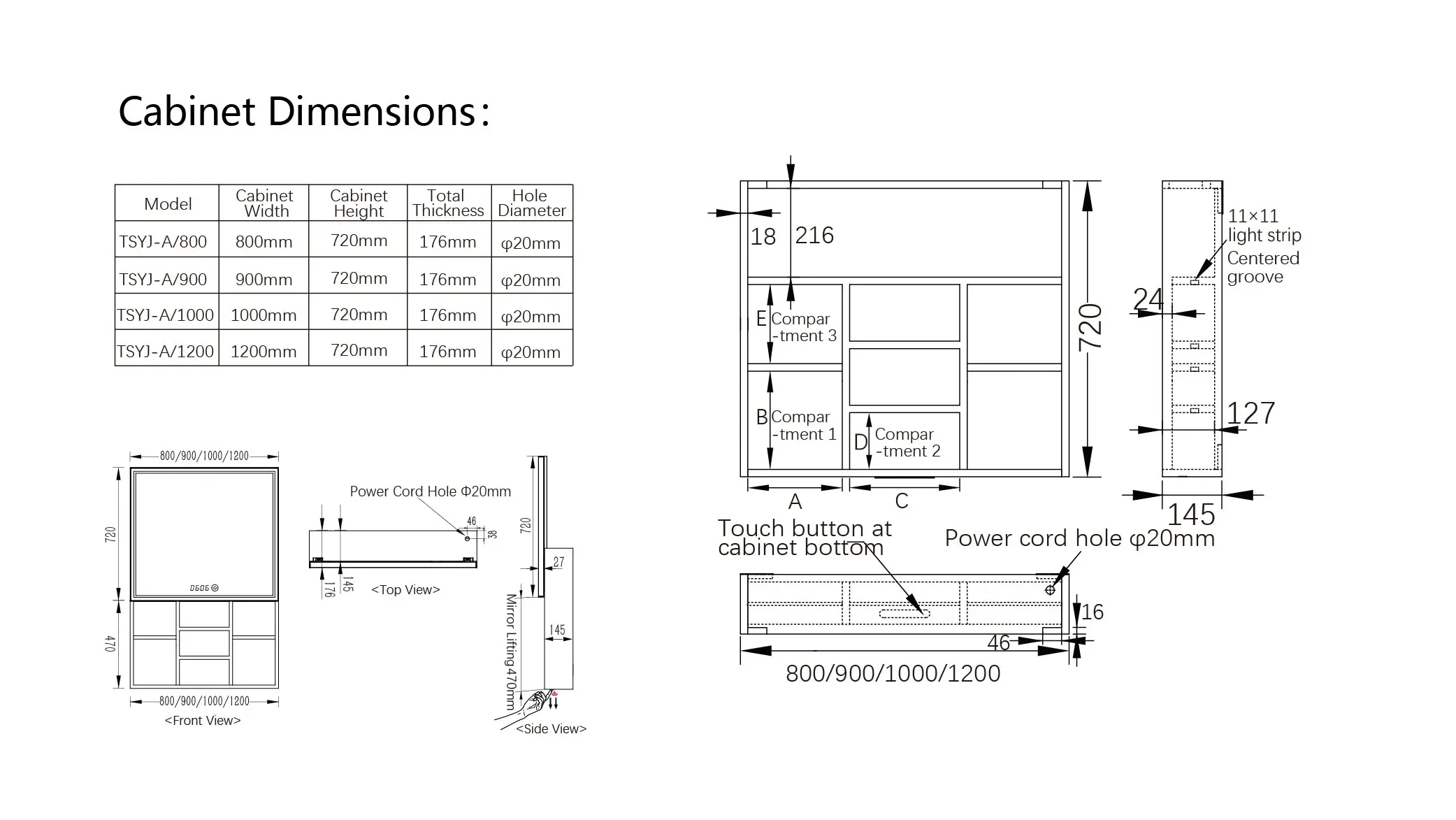 Electric Lift Mirror Cabinet dimensions for custom bathroom installation