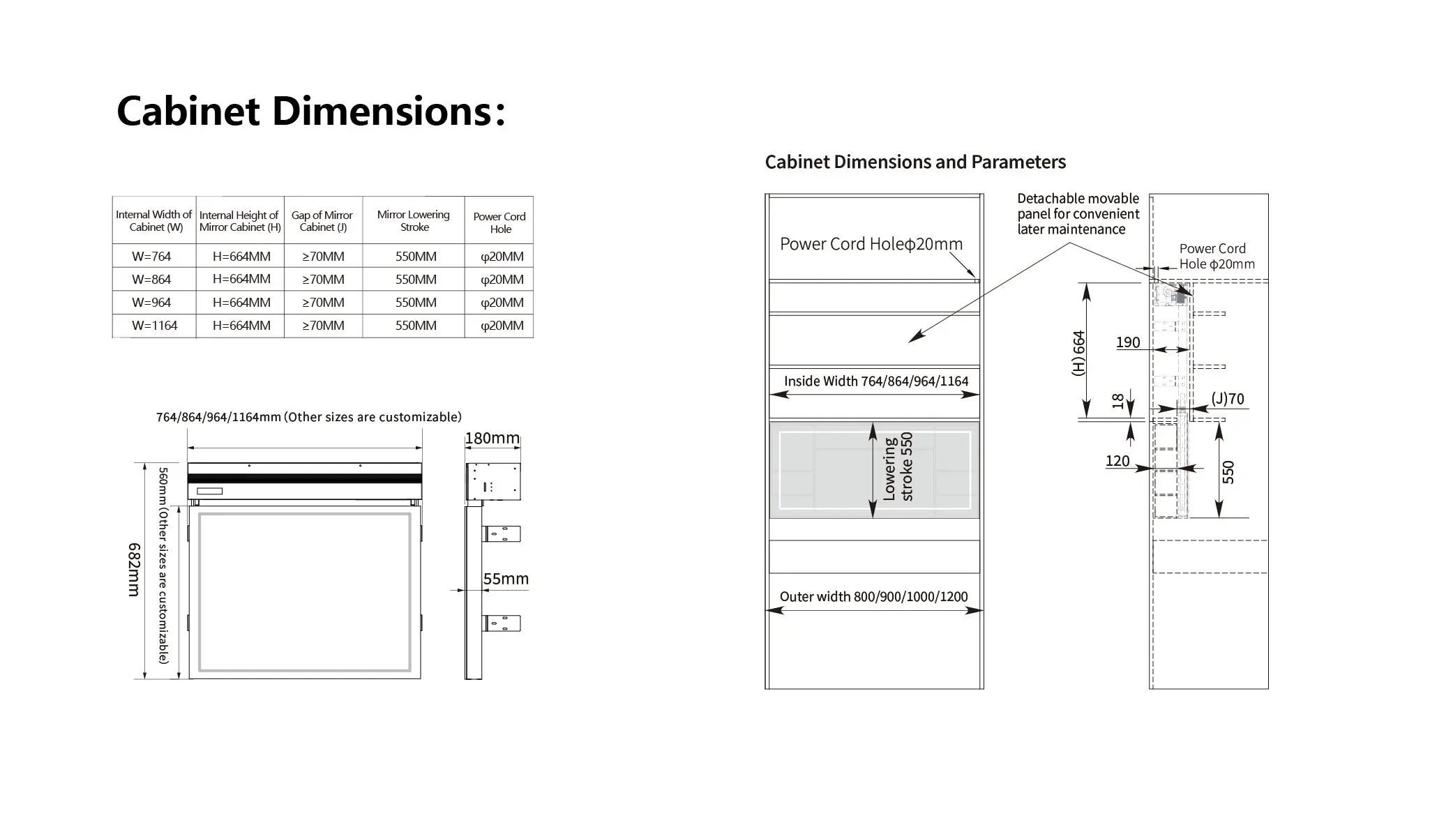 Electric Lift Vanity Table dimensions and installation size