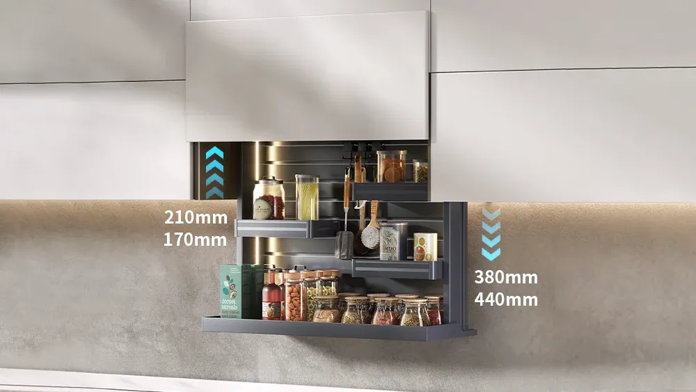 Linked cabinet door rises as automated lifting rack lowers for more countertop height