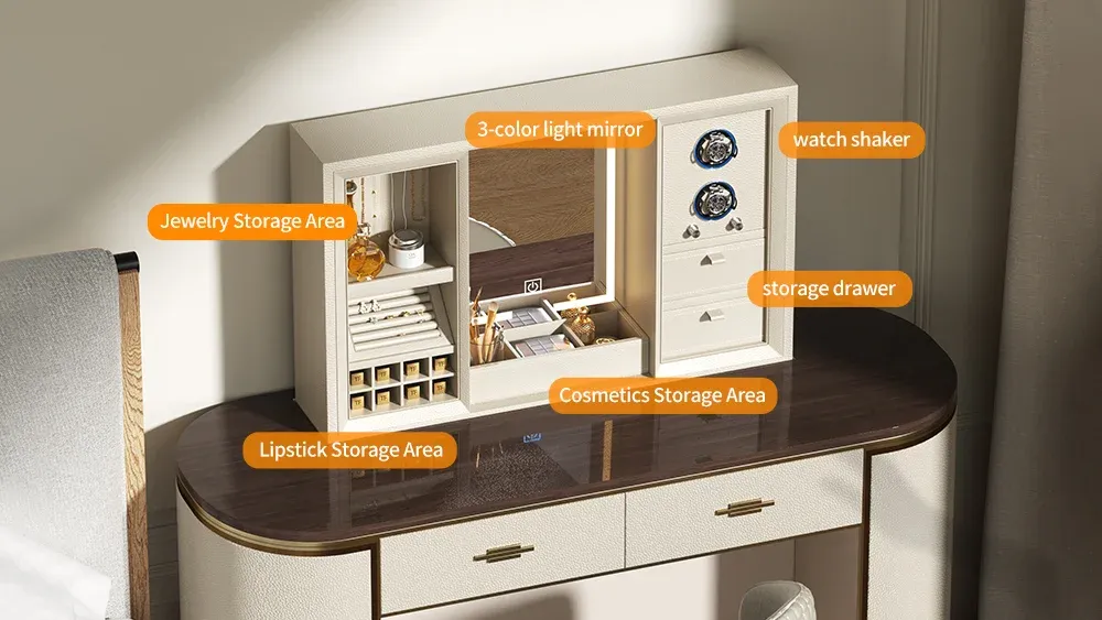 Smart vanity makeup table with organized storage LED mirror and watch winder