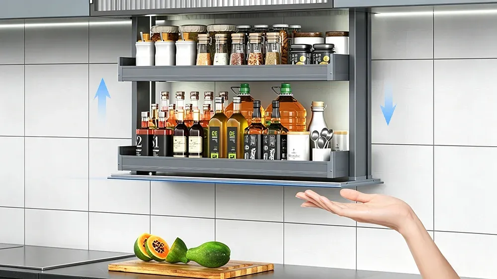 Smart kitchen cabinet lift with one-touch lifting control