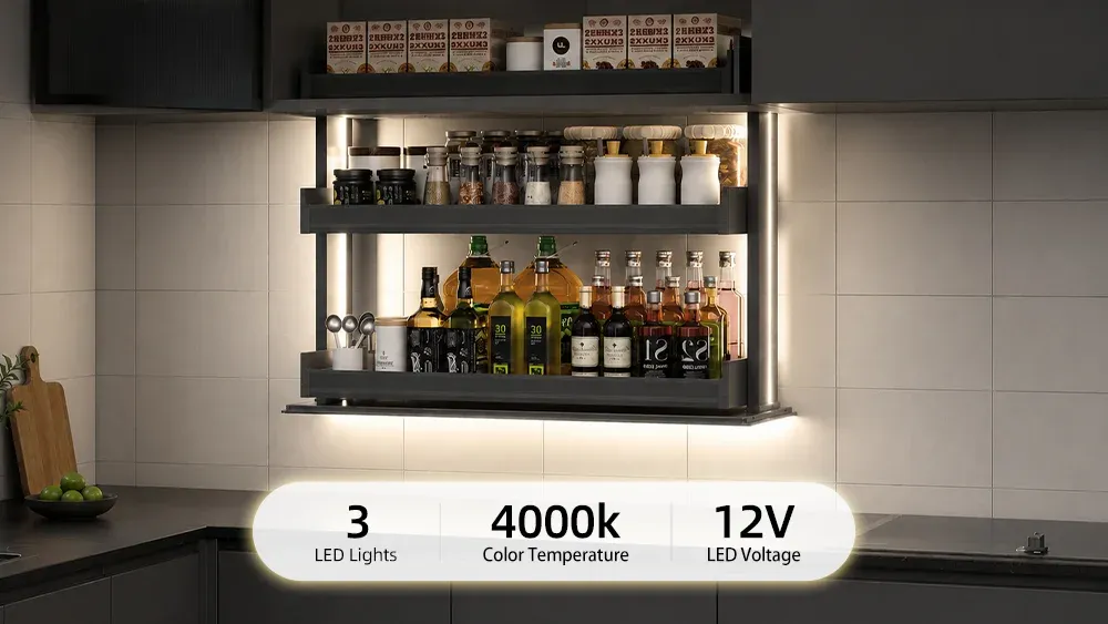 Smart kitchen cabinet lift with automatic side lights and 4000K bottom LED