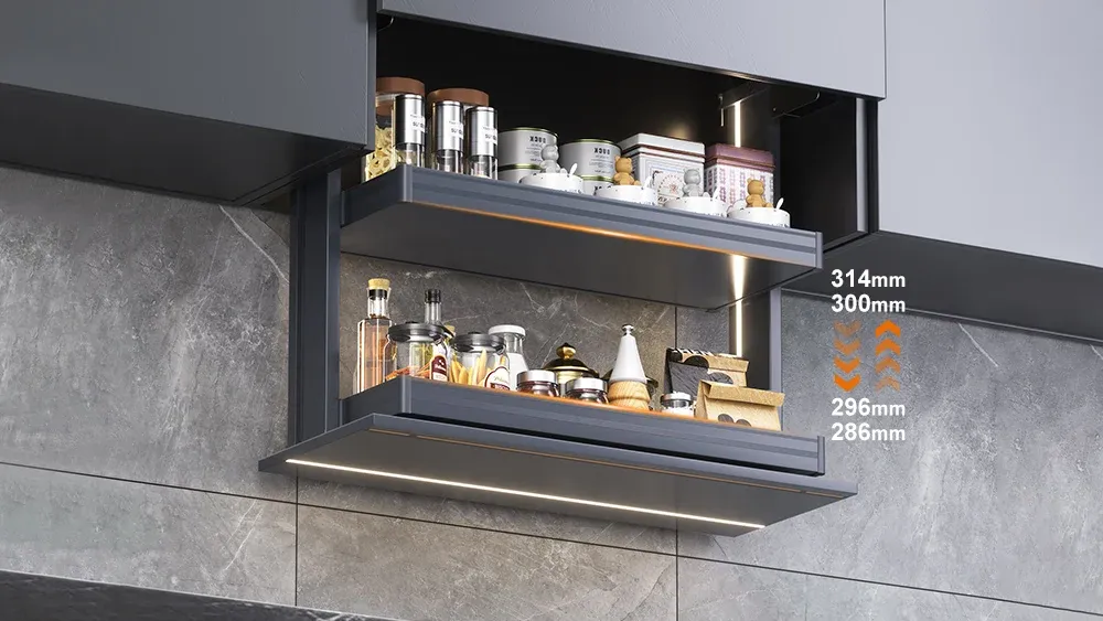 Reduced lowering travel preserves kitchen countertop clearance