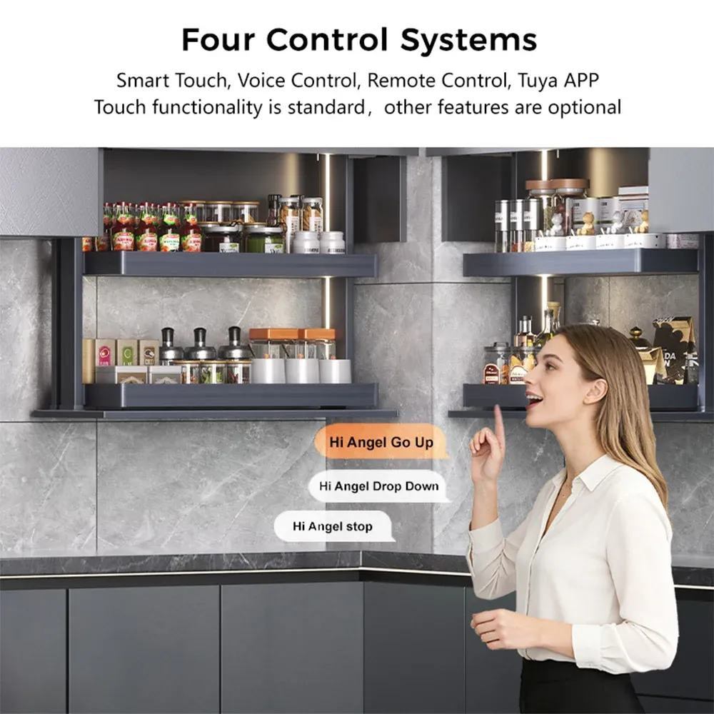 Two-tier Kitchen Electric Lifting Spice Rack with linked cabinet door