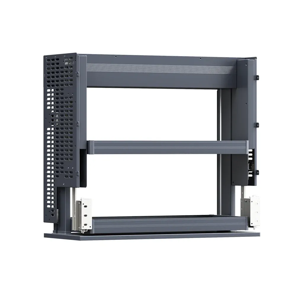 Motorized spice rack integrated into upper kitchen cabinetry
