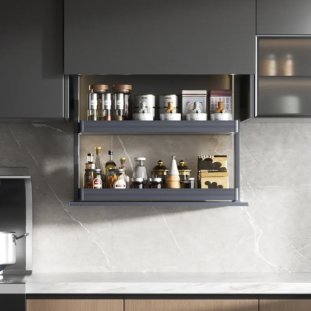 Kitchen cabinet lift rack with coordinated cabinet door design