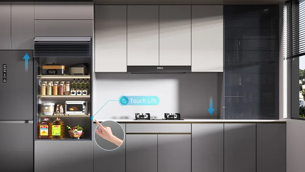 One-touch control for motorised glass louvre door lifting