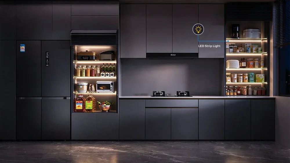 LED strip connection for illuminated glass cabinet shelves