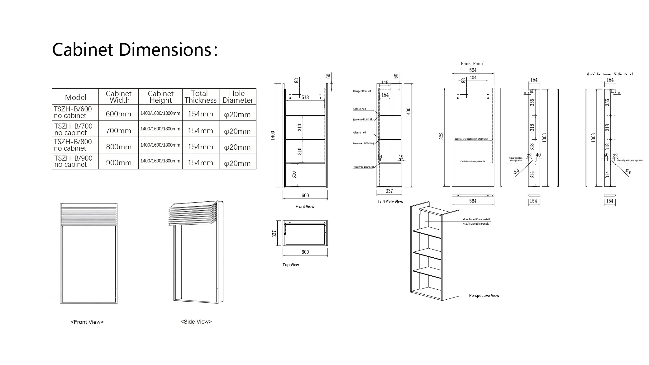 Motorised Louvre Door dimensional drawing for cabinet installation