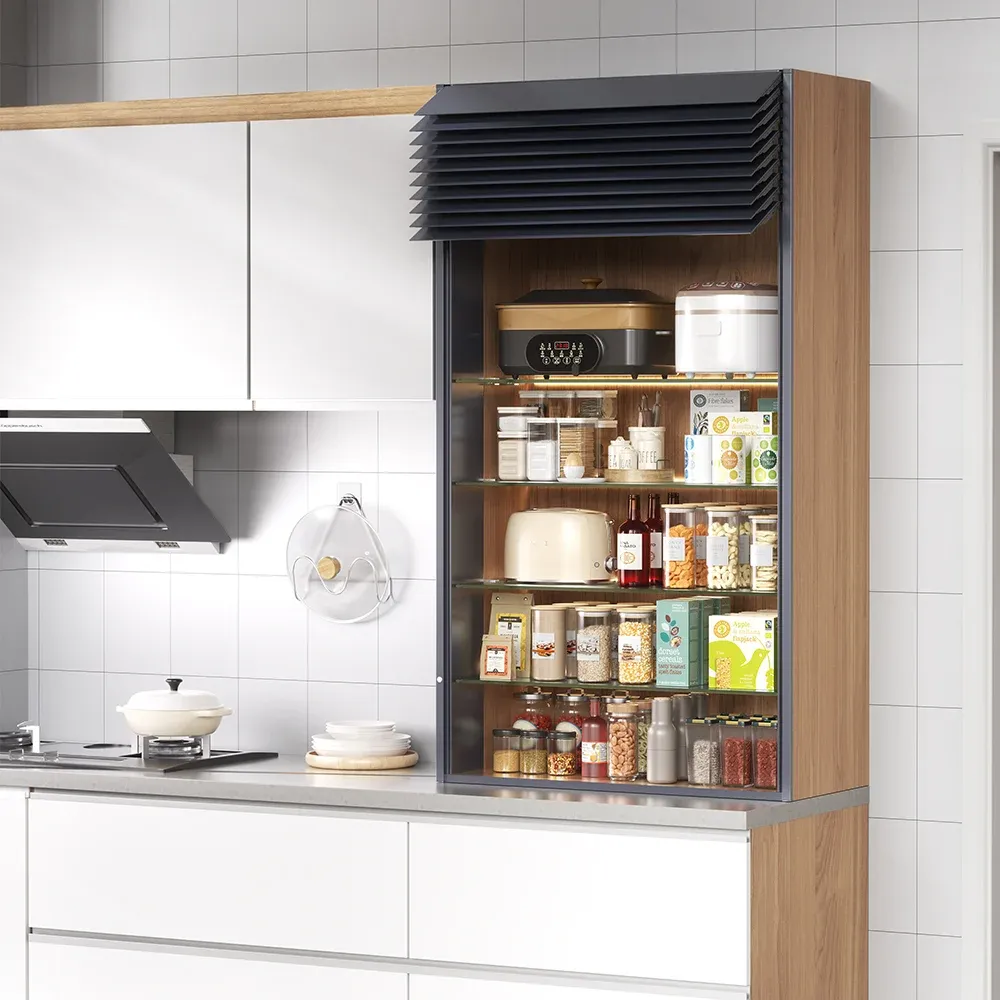 Smart cabinet with electrically lifting glass shutter door