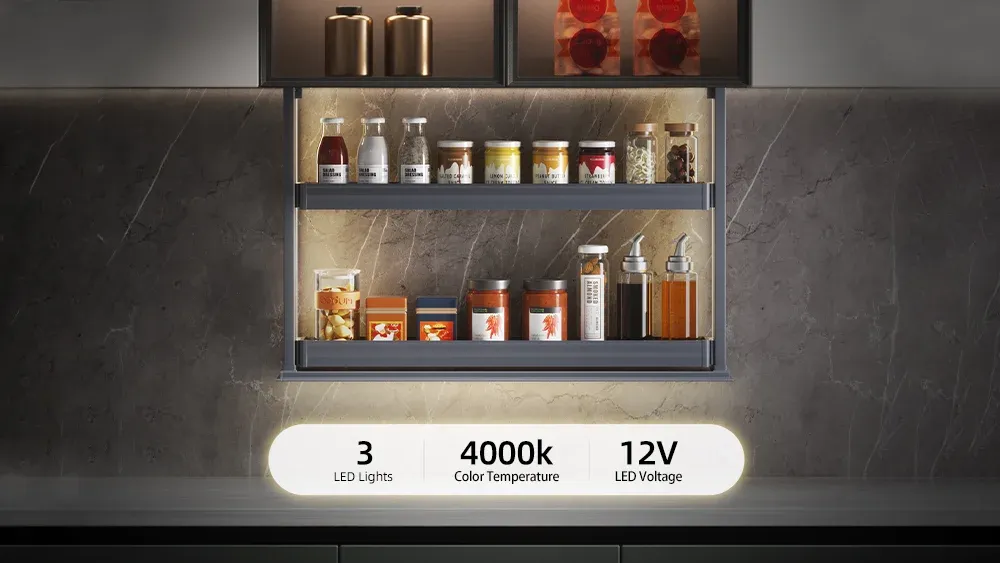 Automatic 4000K neutral LED lighting for wall cabinet lift